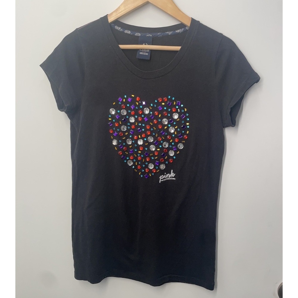 PINK Victoria's Secret Black Bling Heart Short Sleeve T-Shirt Size Large Y2K